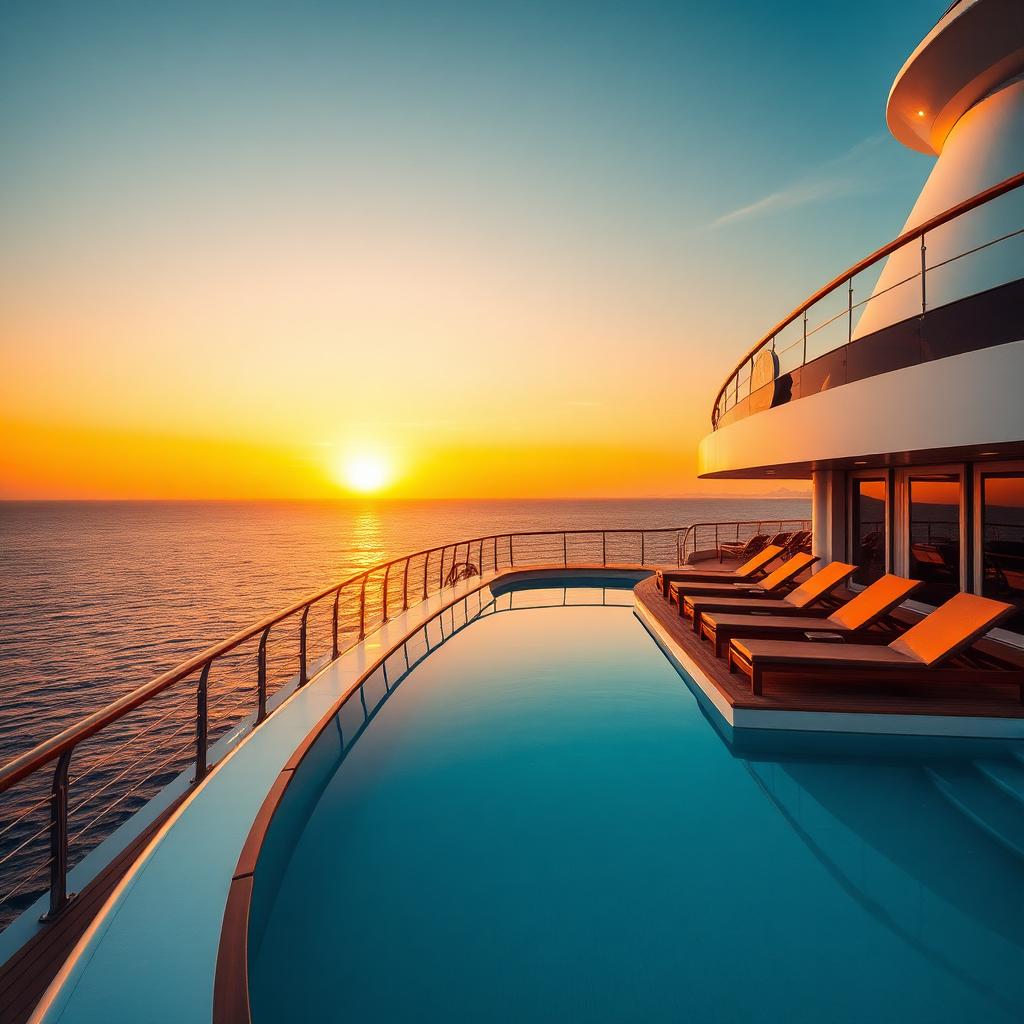 Luxury cruise ship deck with infinity pool at sunset