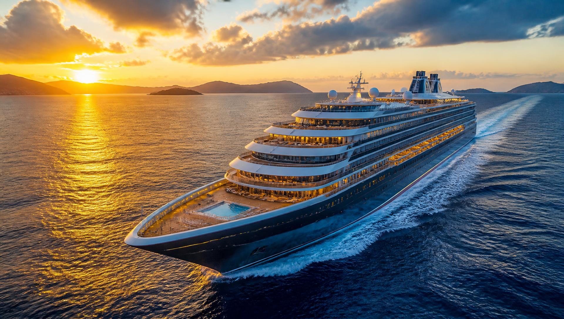 Luxury cruise ship sailing across the open ocean at sunset